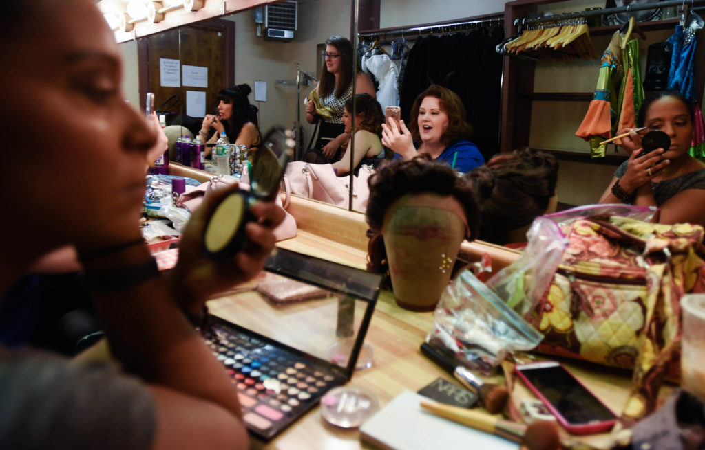 Mamma Mia! cast members from left Lyn Philistine Christina Carlucci, Kara Mikula and Carla Woods prepare for a photo shoot for Mamma Mia! at theREP Friday, June 16, 2017.